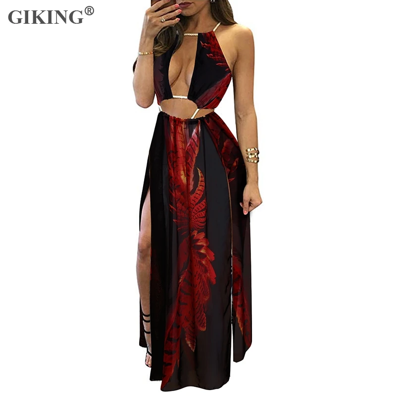 Женское пляжное платье с цветочным принтом GIKING длинное в полоску глубоким v