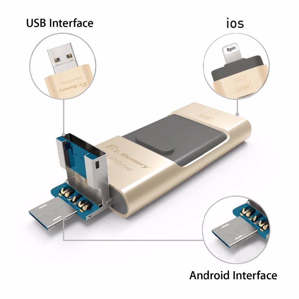 Металлический USB флеш накопитель Dr. Memory OTG для Apple iPhone 5S SE 6 6S Plus 7 3 в 1 металлический