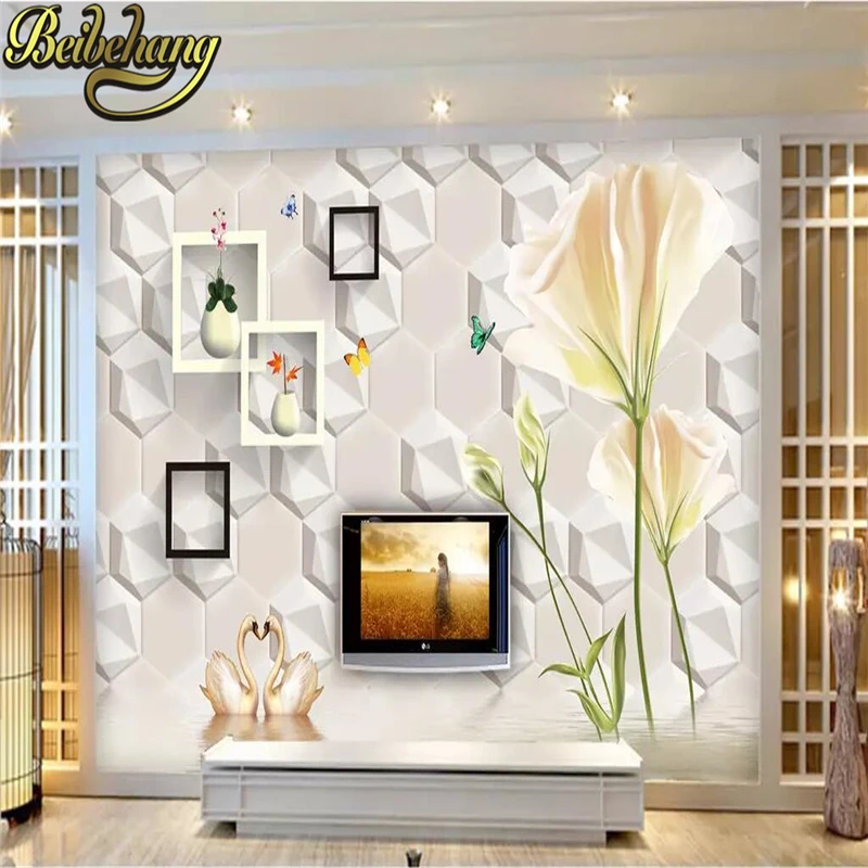 

beibehang Custom 3d stereoscopic lotus murals TV backdrop living room bedroom poppy papel de parede wallpaper for walls 3 d