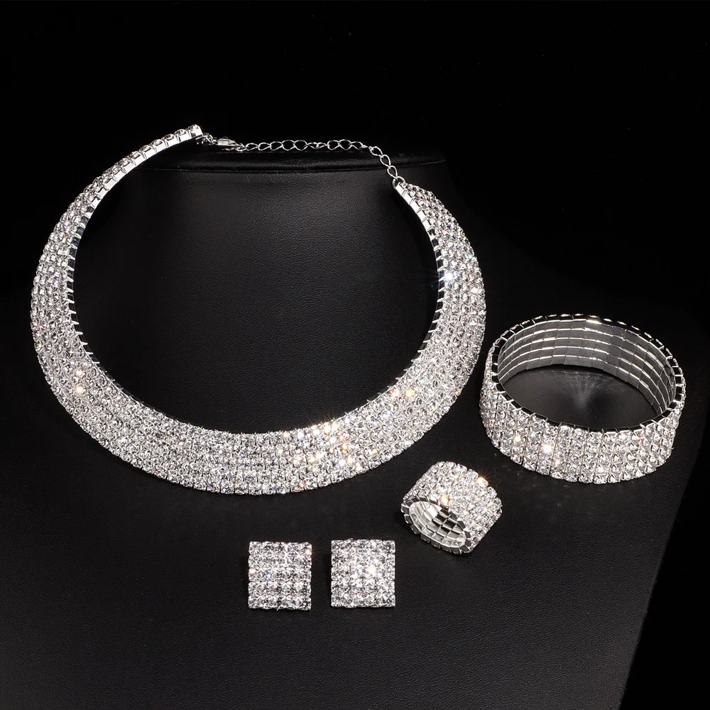 Фото Женский комплект свадебных украшений серебряное ожерелье серьги браслеты