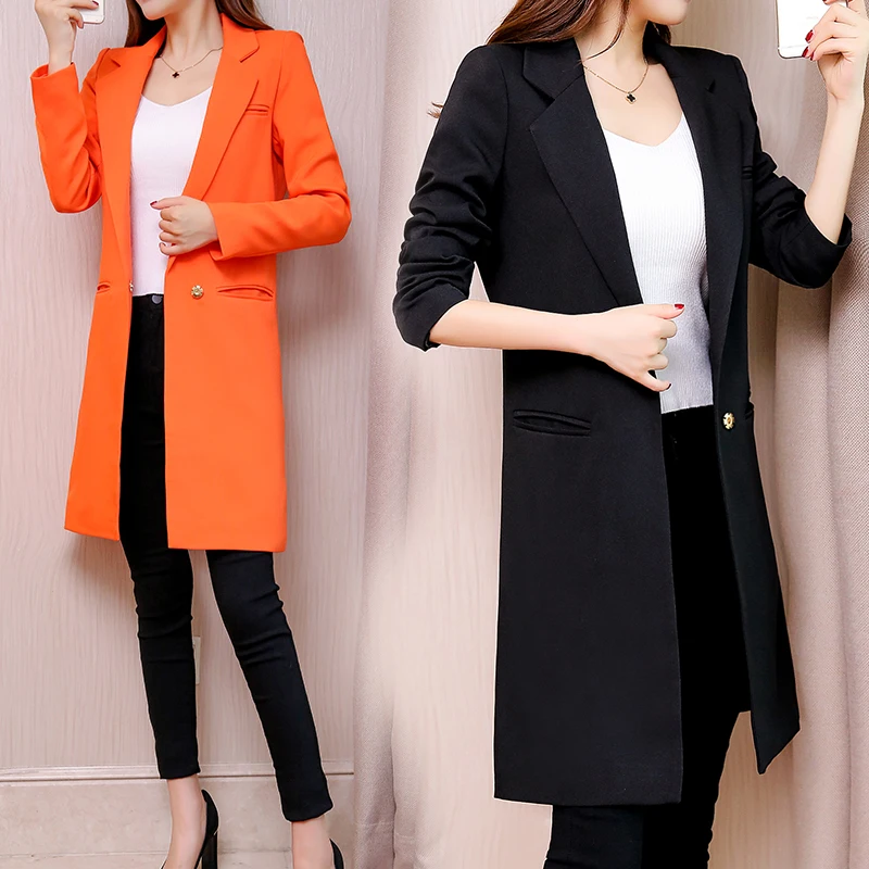 

Women Autumn Slim Blazers Long section Suit Jacket Female Work Office Lady Suit Black Dark buckle Notched Blazer Coat Fashion