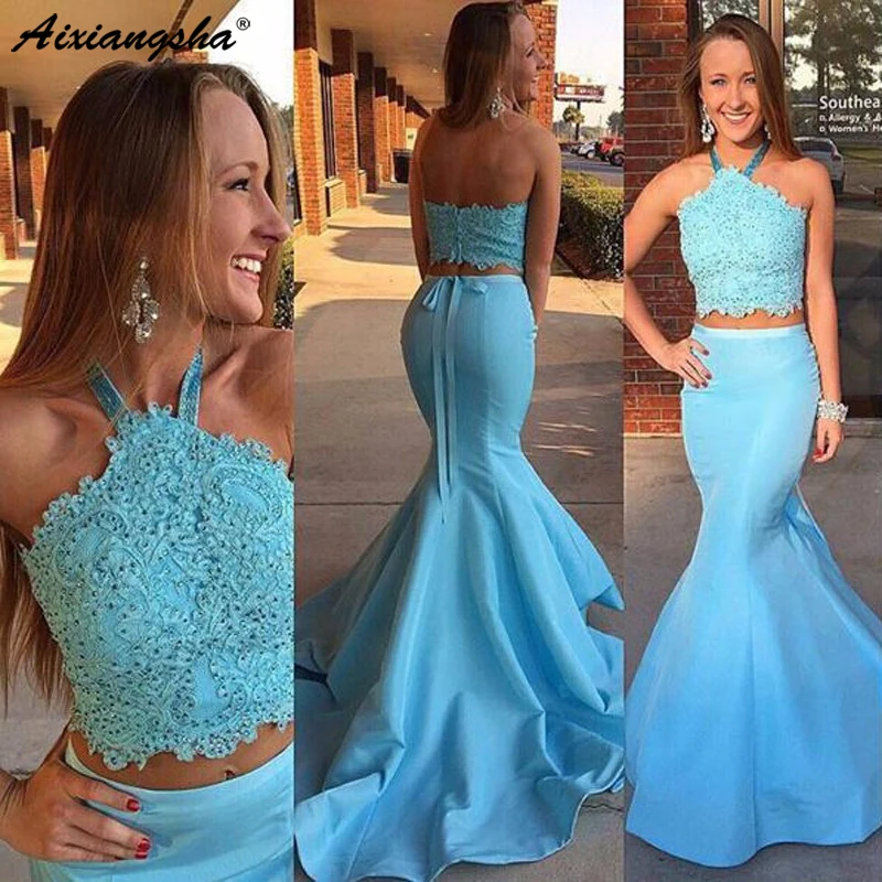 Sky Blue Long Taffeta Evening Dresses Two Pieces Beaded Halter Appliques Mermaid Evening G vestido de festa robe de soiree
Sky Blue Long Taffeta Evening Dresses Two Pieces Beaded Halter Appliques Mermaid Evening G vestido de festa robe de soiree
