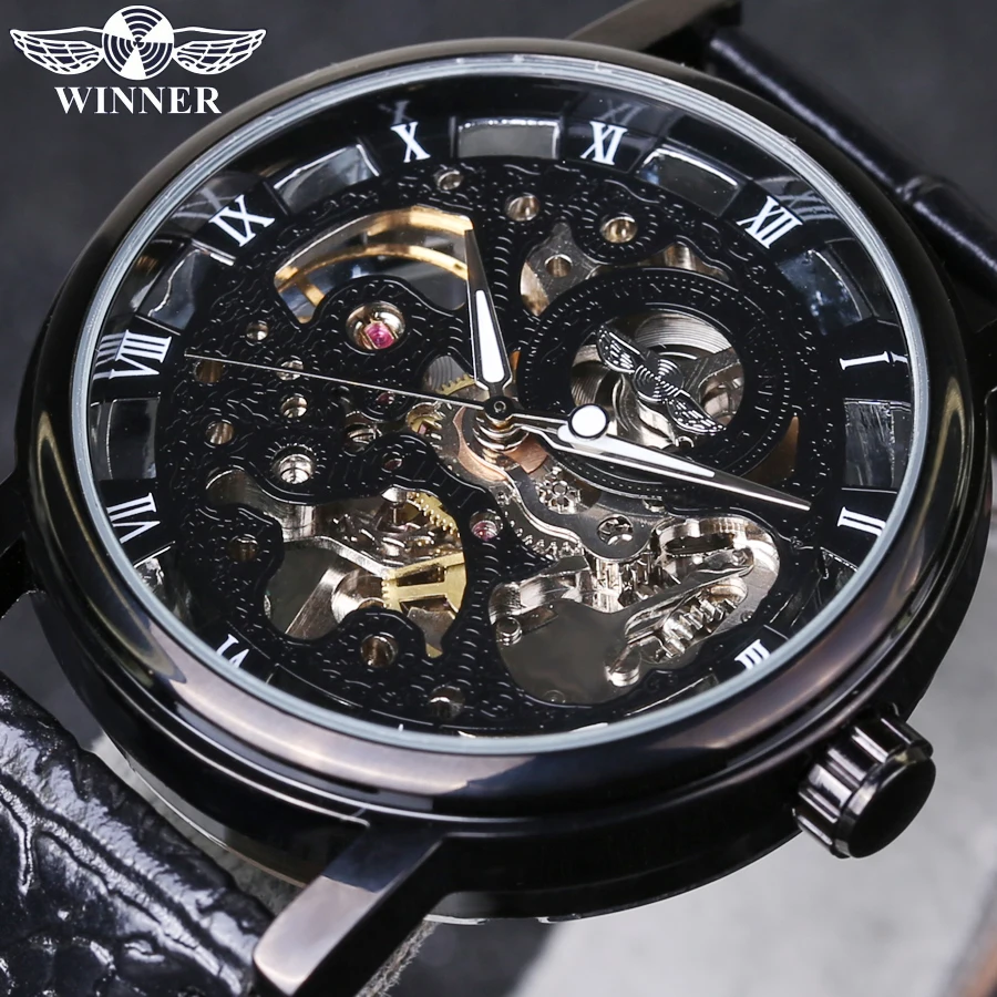WINNER Vintage Design Hollow Engraving Black Case Leather Skeleton Mechanical Watches Men Luxury Brand Heren Horloge
WINNER Vintage Design Hollow Engraving Black Case Leather Skeleton Mechanical Watches Men Luxury Brand Heren Horloge