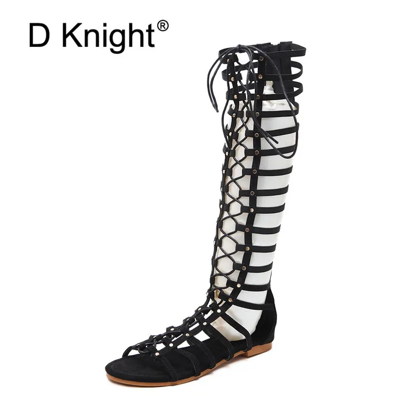 

2019 Summer Boots Women Fashion Rivet Cut-outs Flats Shoes Woman Cross-tied Gladiator Sandals For Women Black Knee High Boots