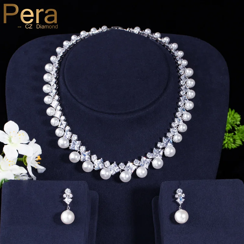 

Pera Luxurious Noble Design Bridal Wedding Pearl Jewelry Big Cubic Zirconia Round Choker Necklace Set For Brides Party Gift J023