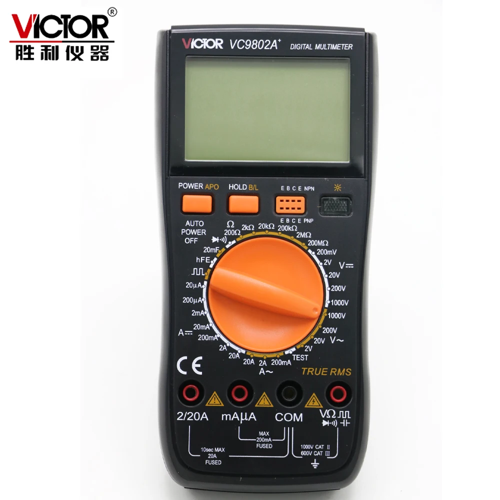 VICTOR VC9802A+ Professional 3 1/2 Digits Digital Multimeter AC/DC Voltage Current 20A Capacitance 2000uF Resistance 200M ohm
VICTOR VC9802A+ Professional 3 1/2 Digits Digital Multimeter AC/DC Voltage Current 20A Capacitance 2000uF Resistance 200M ohm