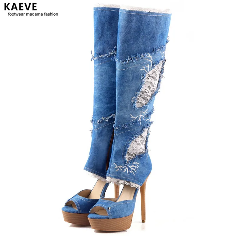 Sexy Blue Denim Lace Knee High Boots Women Platform Wedge Heeled Open Toe Lace Decor Long Boot Cowboy High Heel Booty R1 Size 43
Sexy Blue Denim Lace Knee High Boots Women Platform Wedge Heeled Open Toe Lace Decor Long Boot Cowboy High Heel Booty R1 Size 43