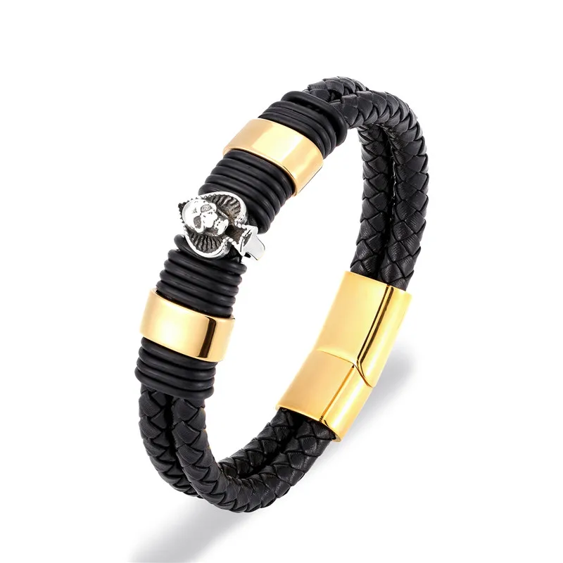 Punk Genuine Leather Stainless Steel Skull Bracelet Braid Double Layer Charm Bracelets Men Women Jewelry Gift homme dropshipping | Украшения