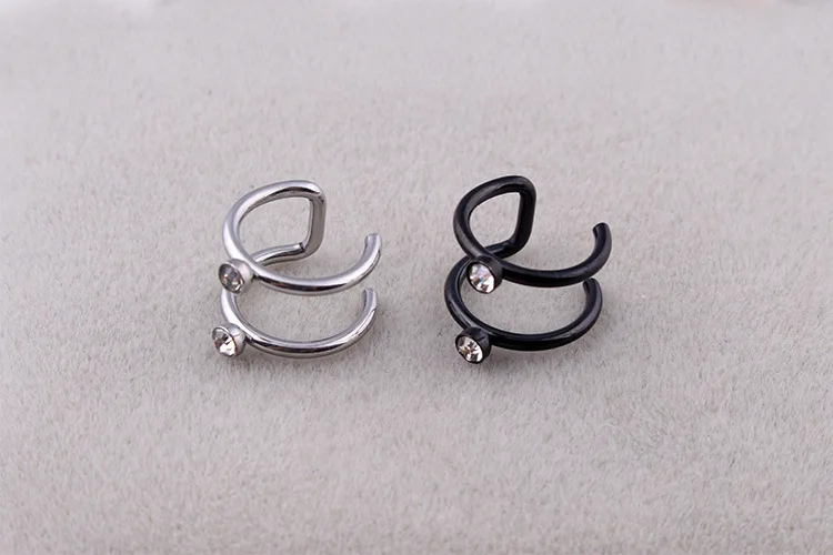 Fashion Women Punk Color Gold Black Titanium Steel Crystal Allergy Double Circle Wire No Hole Hoop Huggie Earrings Jewelry | Украшения и