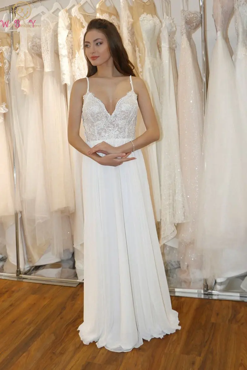 2019 V Neck Long Beach Bridal Gowns White Ivory Simple Sleeveless Backless Lace Chiffon Church Formal Pearls Wedding Dresses
2019 V Neck Long Beach Bridal Gowns White Ivory Simple Sleeveless Backless Lace Chiffon Church Formal Pearls Wedding Dresses