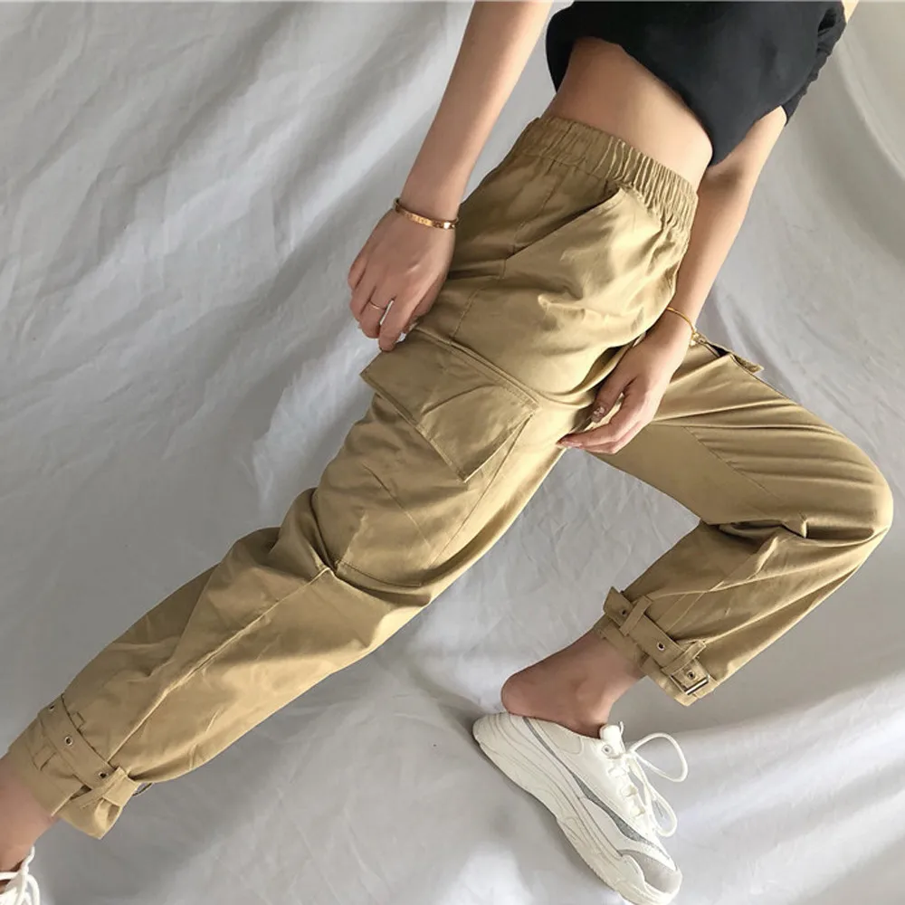 Women's cargo loose trousers high waist hip hop strap plus size Ladies pants side pocket running fitness Harem | Женская одежда