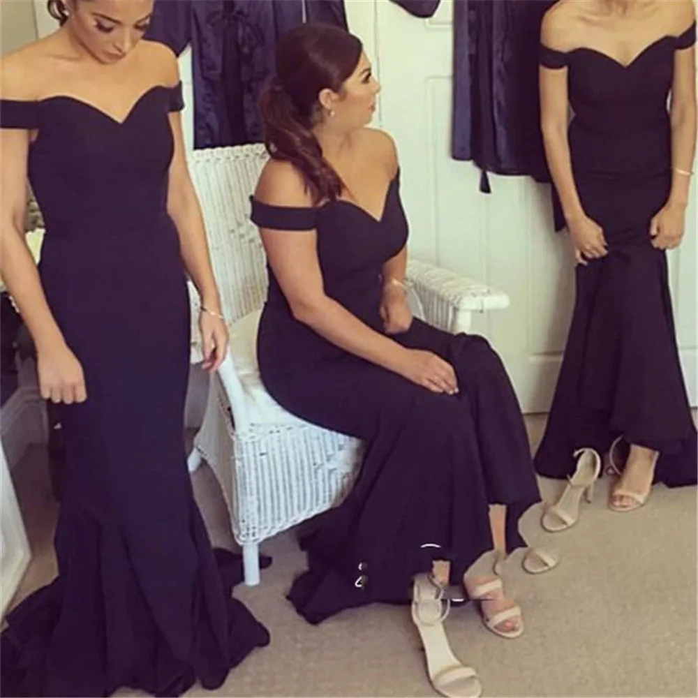Simple Mermaid Long Dresses Bridesmaid Boat Neck Off The Shoulder Floor Length Navy Blue Wedding Party Dress Cheap 2019 | Свадьбы и