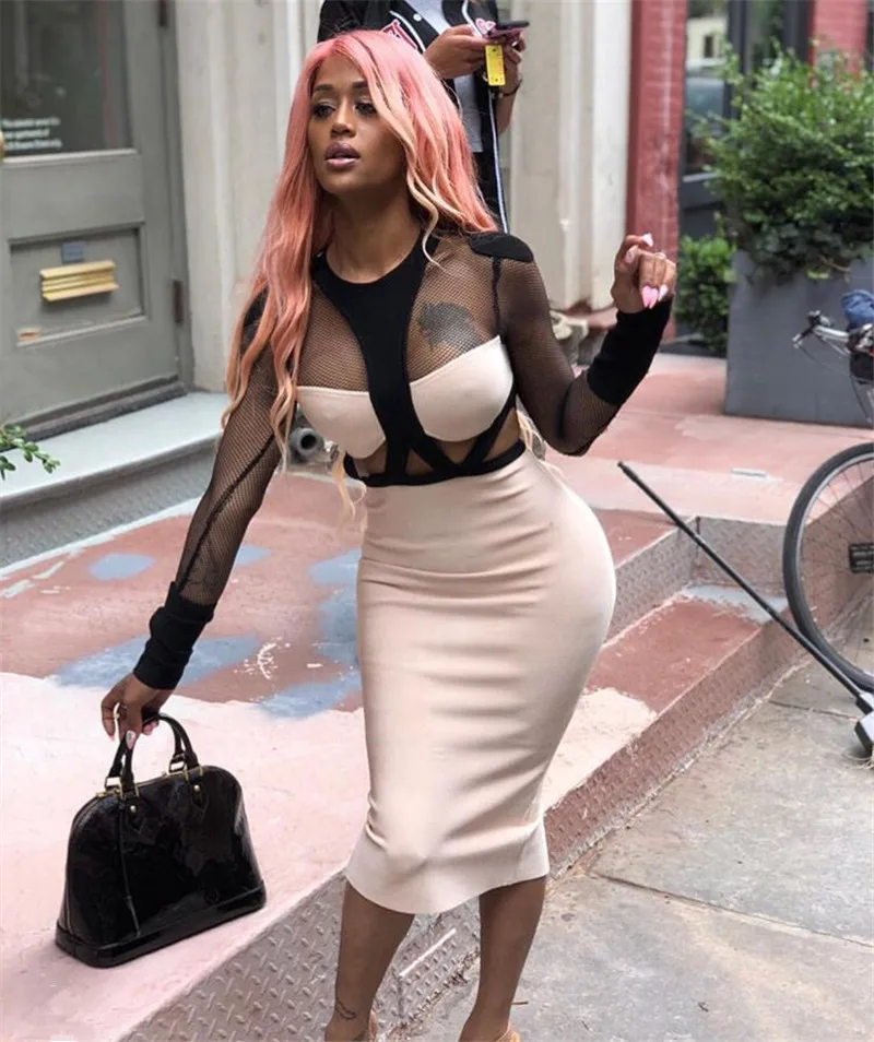 New Apricot Mesh Long Sleeve O Neck Knee Length Bodycon Bandage Dress Celebrity Women Dress
New Apricot Mesh Long Sleeve O Neck Knee Length Bodycon Bandage Dress Celebrity Women Dress