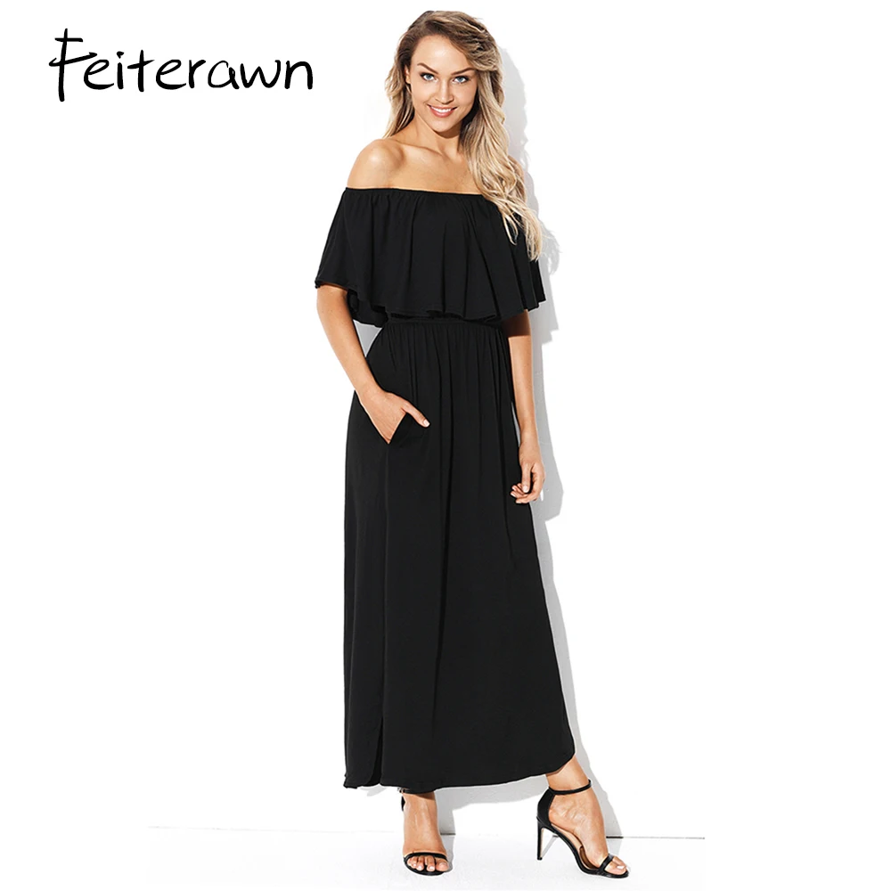 Фото Feiterawn 2018 длинное платье Лето Для женщин Boho темно Волан макси с открытыми плечами