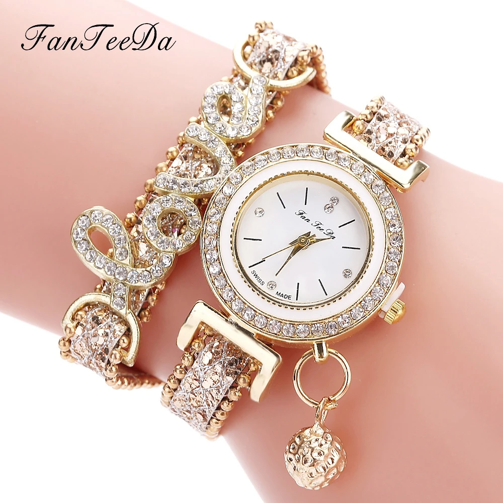 

FanTeeDa Top Brand Women Bracelet Watches Ladies Love Leather Strap Rhinestone Quartz Wrist Watch Luxury Fashion Quartz Watch