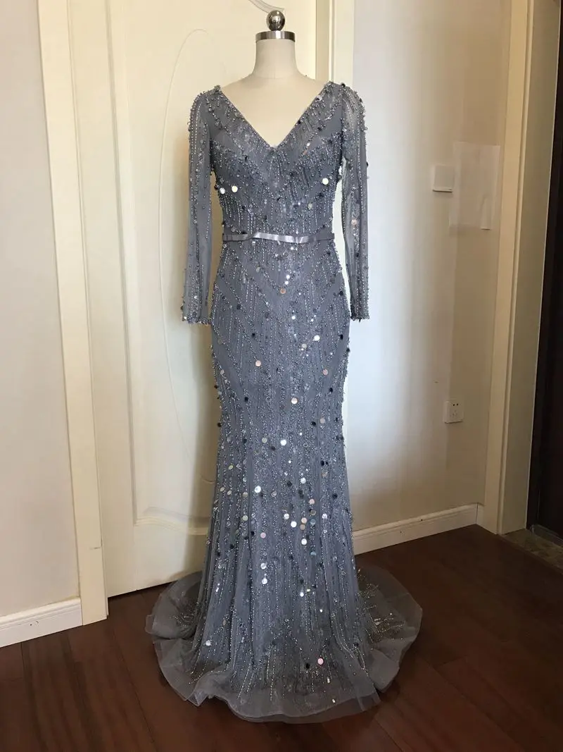Walk Beside You Gray Long Evening Dresses Mermaid Long Sleeves Beaded Sequined Bling Shiny Prom Gowns Vestidos Formales Para 
Walk Beside You Gray Long Evening Dresses Mermaid Long Sleeves Beaded Sequined Bling Shiny Prom Gowns Vestidos Formales Para