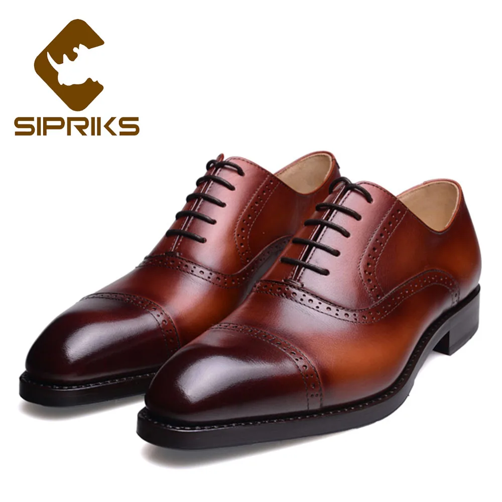

Sipriks Luxury Patina Brown Leather Dress Oxfords Classic Retro Mens Brogue Shoes Italian Bespoke Goodyear Welt Shoes Gents Suit