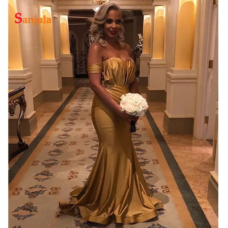 Off the Shoulder Strapless Gold Bridesmaid Dresses 2019 Mermaid Formal Wedding Party Pleats Jersey Prom Gowns D268 | Свадьбы и