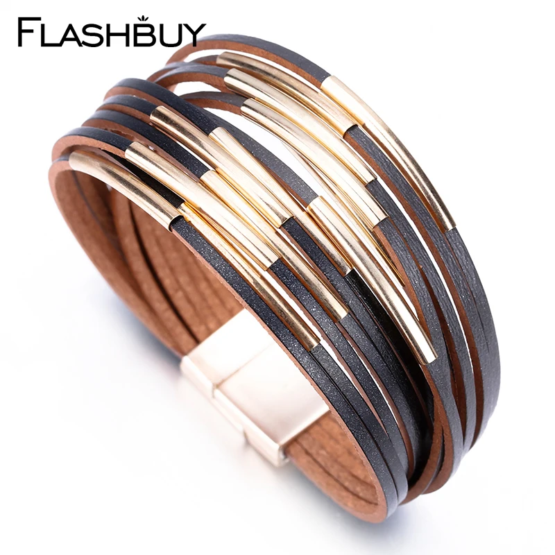 Модные многослойные кожаные браслеты Flashbuy в богемном стиле с металлическим