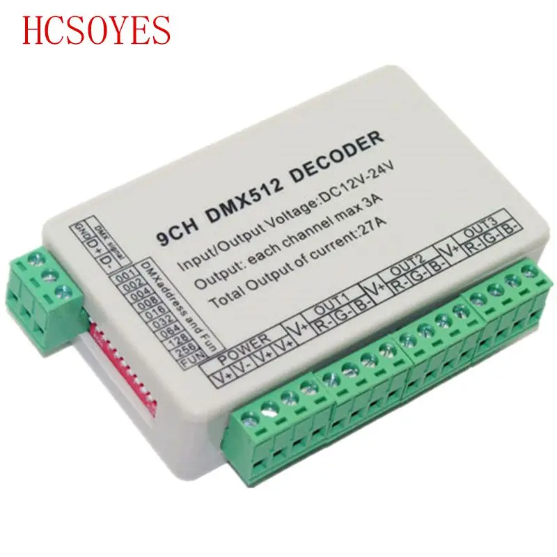 9CH dmx512 decoder,LED Controller,9 channel dmx 512 dimmer,drive,3 group RGB output each channel Max 3A for LED strip
9CH dmx512 decoder,LED Controller,9 channel dmx 512 dimmer,drive,3 group RGB output each channel Max 3A for LED strip