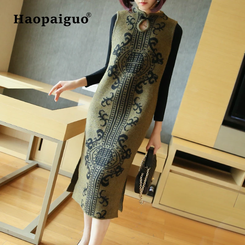Женское винтажное платье Cheongsam вязаное большого размера с принтом элегантное