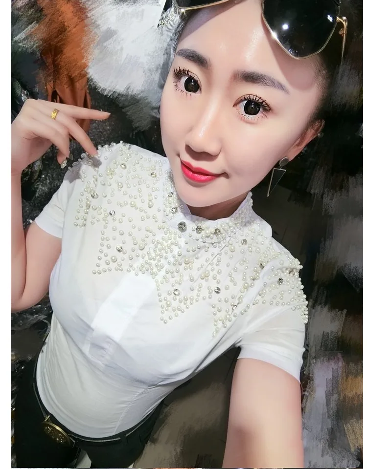 2020 Summer Fashion Bead Work Short Sleeve Stand Collar White Cotton Shirts Women Bead Work Cotton Tops Pearl Cotton Blouses
2020 Summer Fashion Bead Work Short Sleeve Stand Collar White Cotton Shirts Women Bead Work Cotton Tops Pearl Cotton Blouses