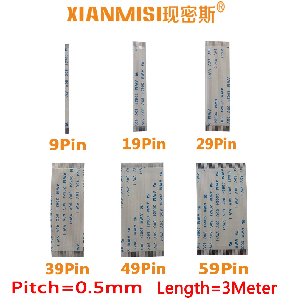 FFC FPC Flat Flex Extension Cable 9Pin 19Pin 29Pin 39Pin 49Pin 59Pin Same Side 0.5mm Pitch AWM 20624 60V Length 3Meter 5PCS
FFC FPC Flat Flex Extension Cable 9Pin 19Pin 29Pin 39Pin 49Pin 59Pin Same Side 0.5mm Pitch AWM 20624 60V Length 3Meter 5PCS