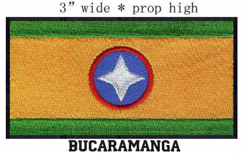 Bucaramanga, Colombia Flag 3" wide embroidery patch for half/the white four corners star/green stripes
Bucaramanga, Colombia Flag 3" wide embroidery patch for half/the white four corners star/green stripes