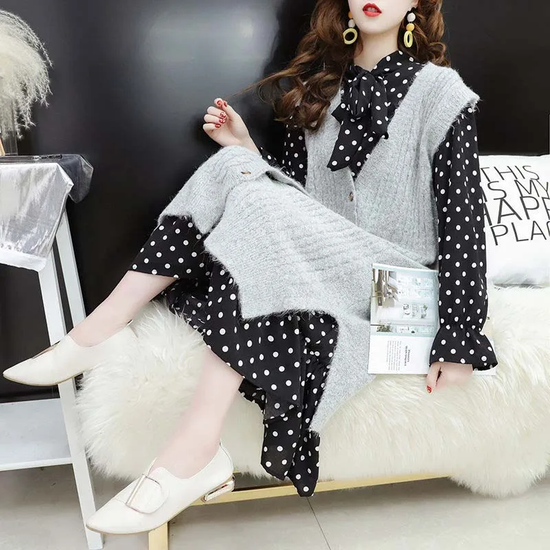 Spring Autumn Women Two Piece Set Female Knitted Tops + Polka Dot Chiffon Dress Suits Sets Femme Loose Tracksuit Outfits X01
Spring Autumn Women Two Piece Set Female Knitted Tops + Polka Dot Chiffon Dress Suits Sets Femme Loose Tracksuit Outfits X01