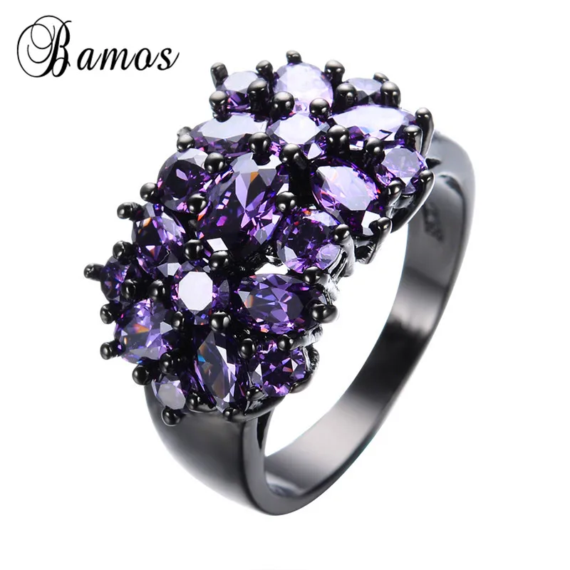 Bamos Colorful Geometric Pink/Purple/Red/Blue Birthstone Rings For Women Black Gold Filled AAA Zircon Star Finger Accessories | Украшения и