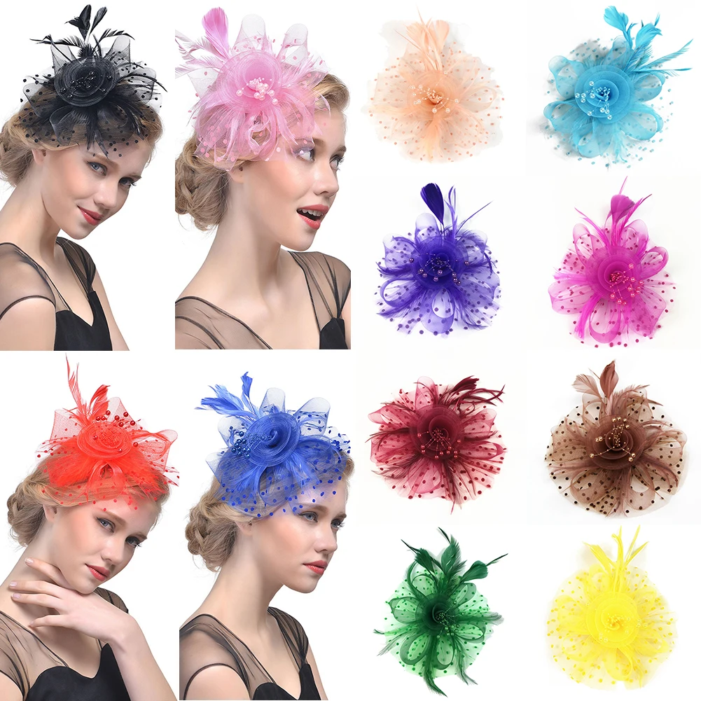

2019 Elegant Flower Feather Beads Mesh Corsage Hair Clip Party Wedding Bridal Mesh Hair Accessories Headdress Headwear Tiara Hat