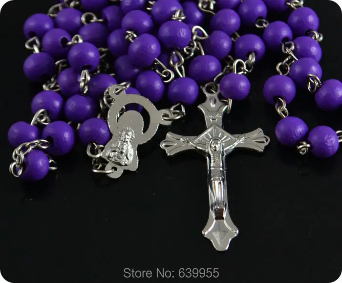 Фиолетовые деревянные четки бусины INRI Jesus крест Распятие Кулон ожерелье