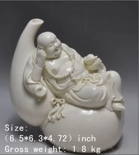 

6.5inch / Elaborate Chinese Dehua white porcelain happy smiling Buddha laying on the gourd statue