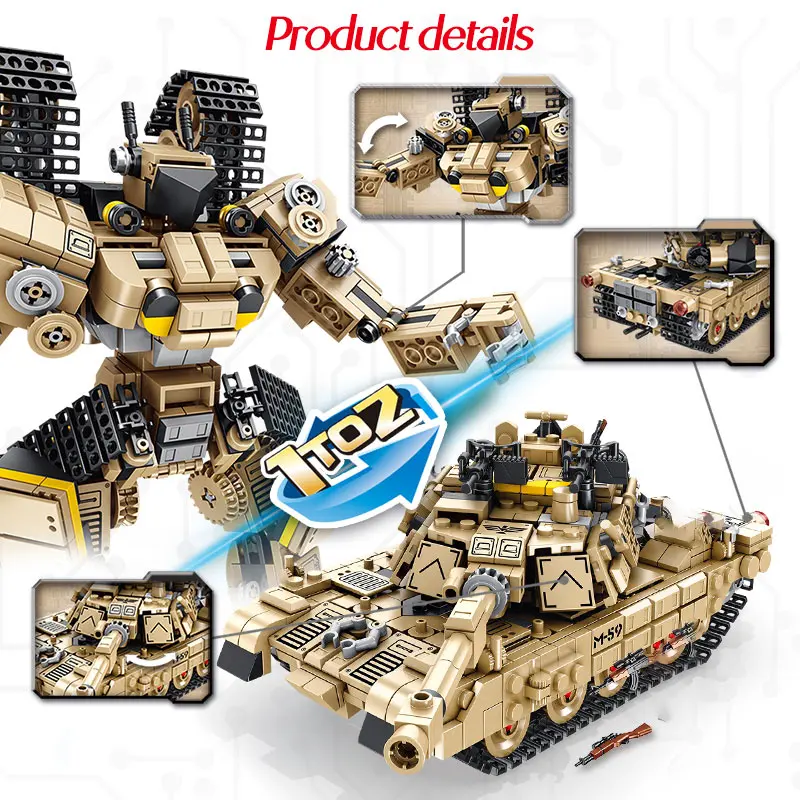 810Pcs M1A2 Battle Tank Deformation Robot 2 Change Building Blocks Compatible City Military WW2 Bricks Toys for Children
810Pcs M1A2 Battle Tank Deformation Robot 2 Change Building Blocks Compatible City Military WW2 Bricks Toys for Children
