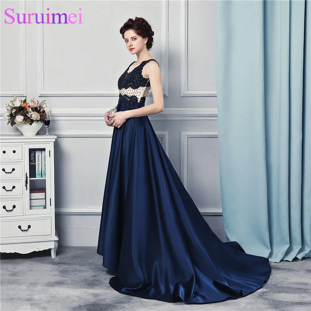 Nude See Through Back Navy Blue Prom Dresses Spaghetti Straps Satin Beaded Prom Gown
Nude See Through Back Navy Blue Prom Dresses Spaghetti Straps Satin Beaded Prom Gown