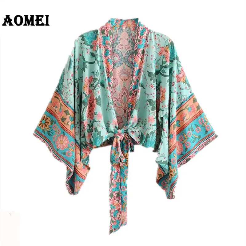 Фото Женская рубашка повседневное кимоно с поясом одежда принтом - купить