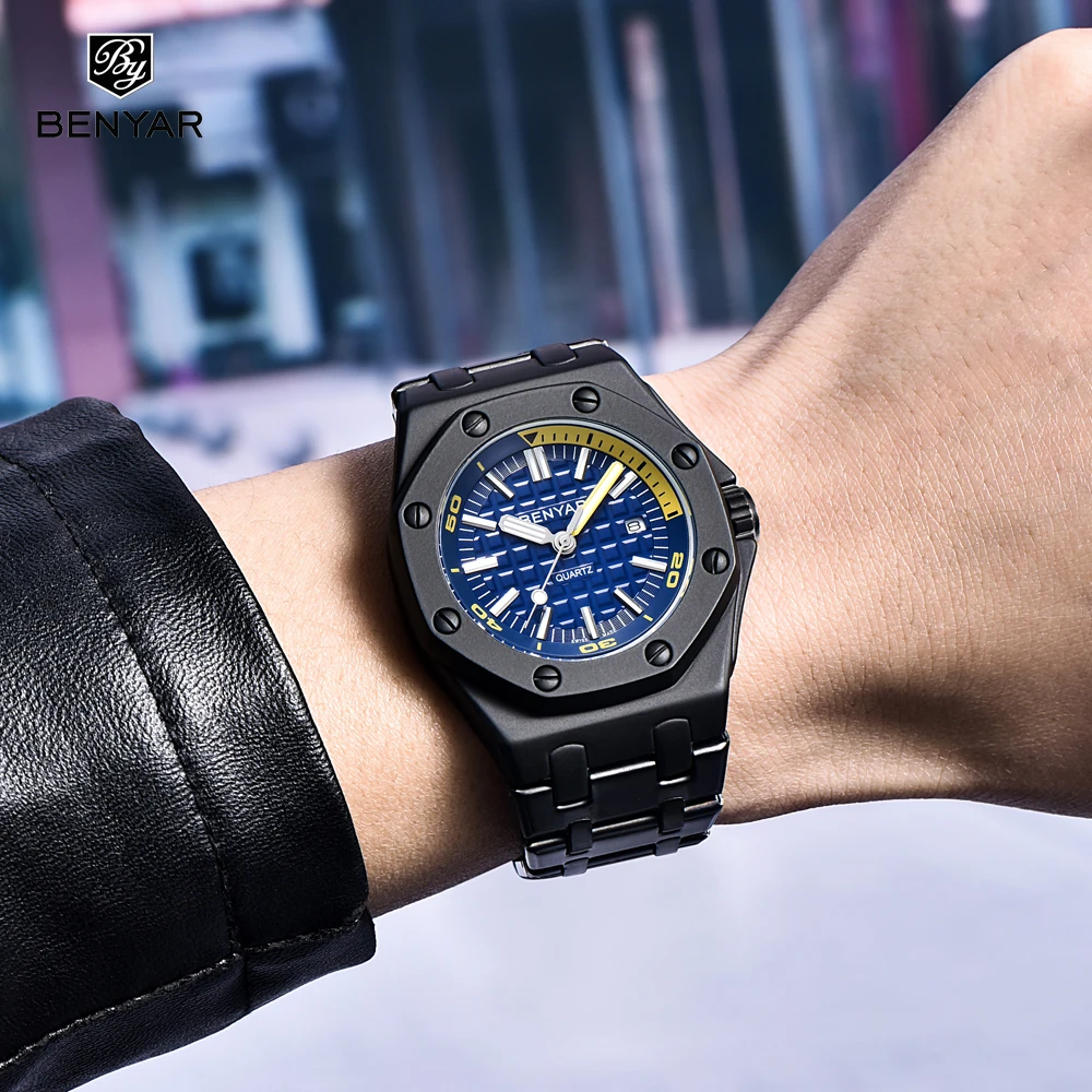 BENYAR Роскошные брендовые кварцевые часы для мужчин 2019 новый стиль черный ремешок