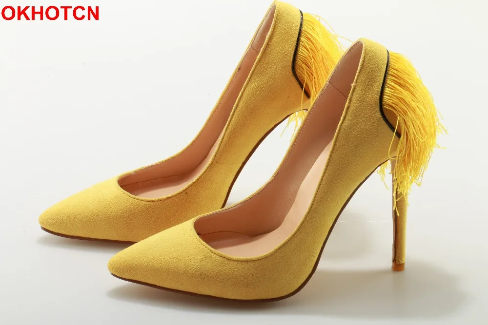 OKHOTCN Sweet Candy Color Flock Women Pumps Thin High Heels Back Tassel Party Wedding Shoes Woman Yellow Green Red Bride Shoes
OKHOTCN Sweet Candy Color Flock Women Pumps Thin High Heels Back Tassel Party Wedding Shoes Woman Yellow Green Red Bride Shoes