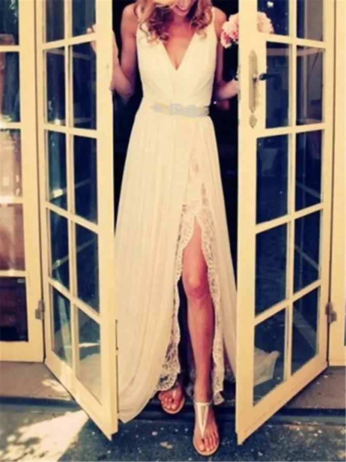 Customed Beaded Split Front Lace Beach Dresses for Wedding Party 2020 Summer Boho Chiffon Bride Gowns Robe de Mariage
Customed Beaded Split Front Lace Beach Dresses for Wedding Party 2020 Summer Boho Chiffon Bride Gowns Robe de Mariage