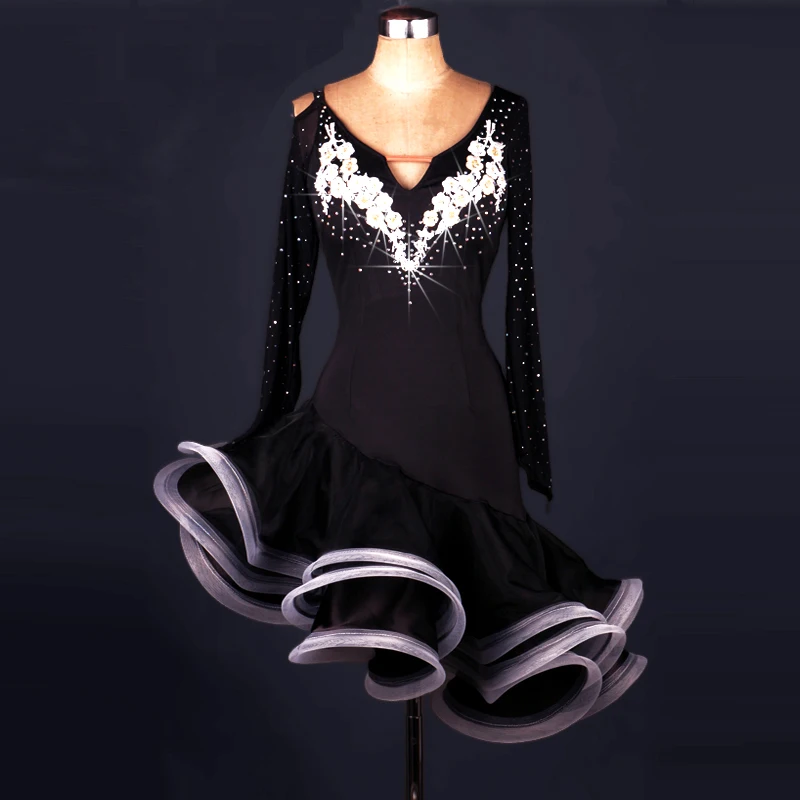 2017 New Ladies Women Latin Dance Dress Black Red embroidery diamond Accesories Chacha Rumba Samba tango Flamenco | Тематическая