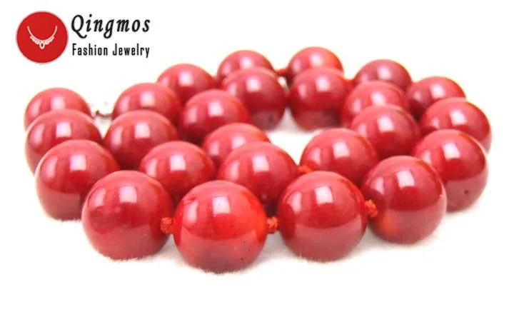 

Qingmos Red Coral Chokers Necklace for Women with 14-15mm High Quality Round Natural Pink Coral 18" Necklace Fine Jewelry-ne5497
