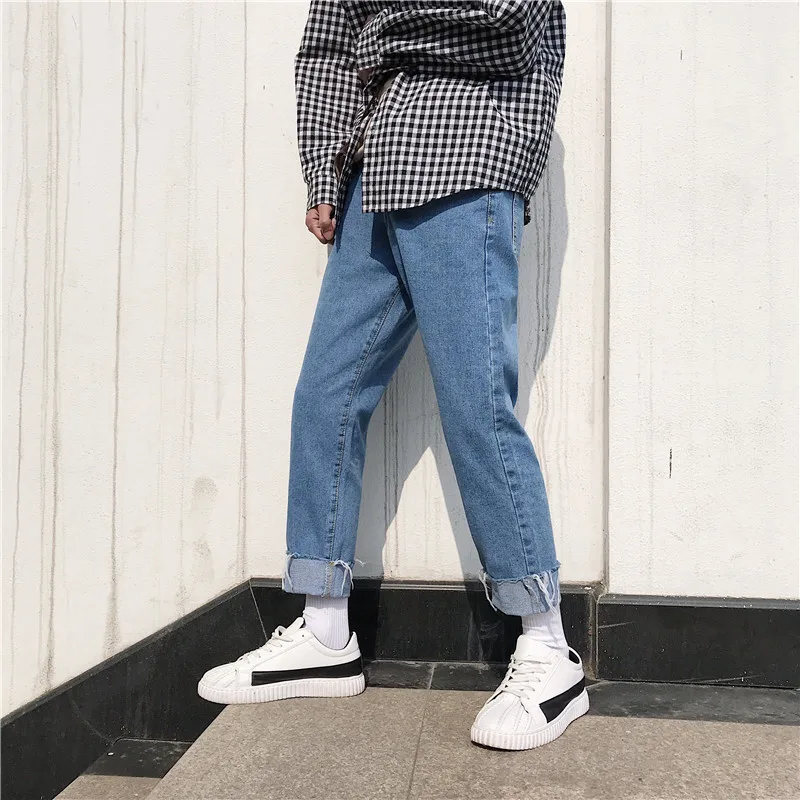 2019 корейский стиль мужские новые мешковатые Homme стрейч Брендовые прямые джинсы