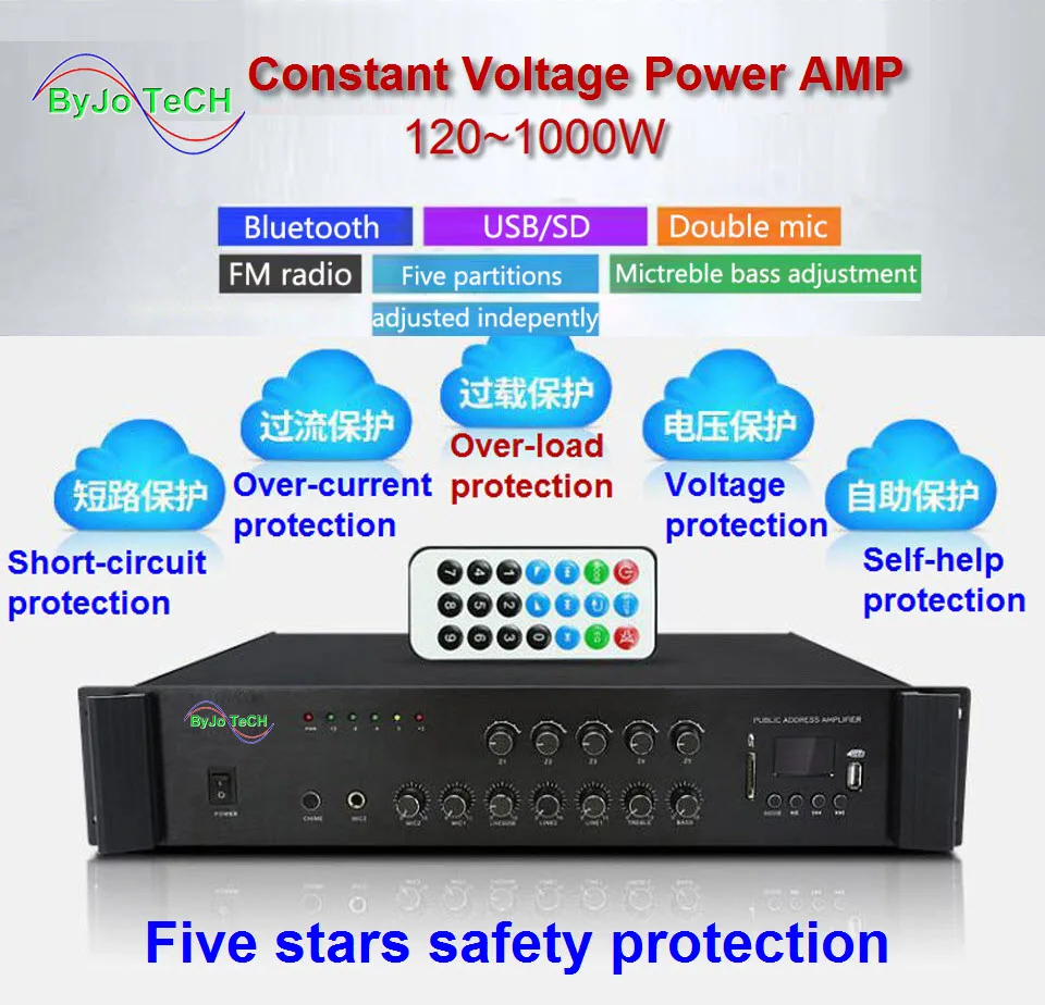 Original ByJoTeCH Bluetooth contant voltage power amplifier Five areas background music Campus public broadcast system 120 1000W
Original ByJoTeCH Bluetooth contant voltage power amplifier Five areas background music Campus public broadcast system 120 1000W