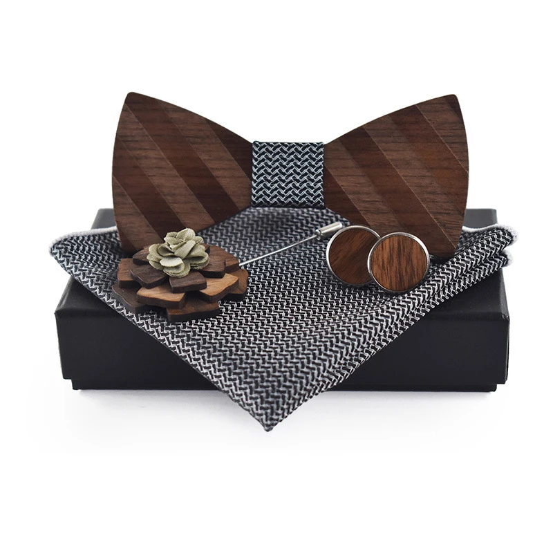 Мужской деревянный галстук-бабочка носовой платок запонки с отворотом набор