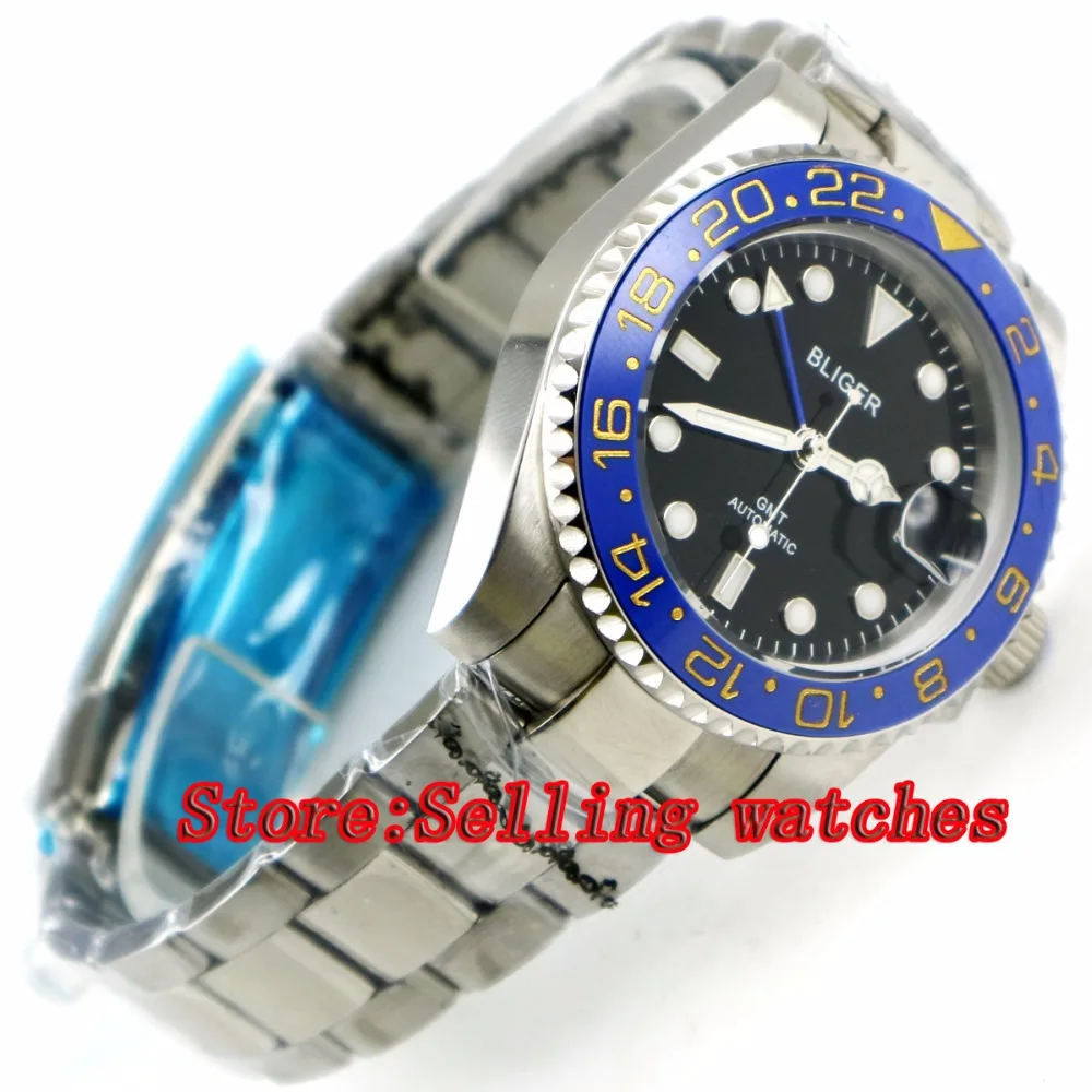 40mm Bliger black Dial blue ceramic bezel GMT Luminous Hands Sapphire Glass Automatic Movement Men's Mechanical watches p99
40mm Bliger black Dial blue ceramic bezel GMT Luminous Hands Sapphire Glass Automatic Movement Men's Mechanical watches p99