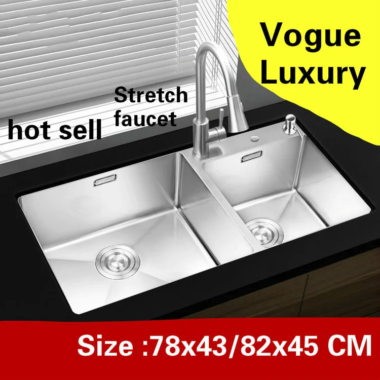 

Free shipping Apartment luxury kitchen manual sink double groove stretch faucet 304 stainless steel hot sell 78x43/82x45 CM