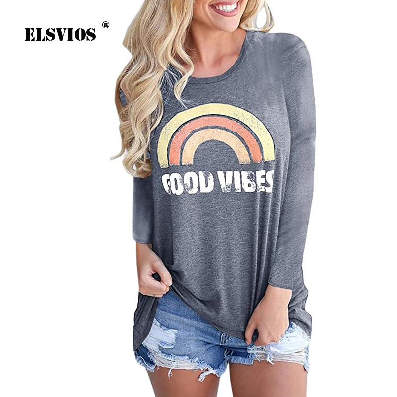 ELSVIOS Женская Осенняя футболка с радужным принтом Повседневная надписью GOOD VIBES