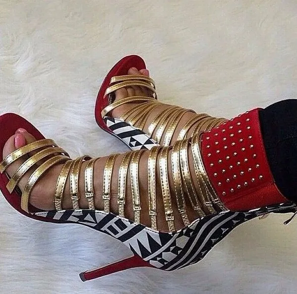 Fashion Multi-color Gold Strappy Peep toe High-cut Sandal Gladiator Ankle Strap Printed Leather Stiletto Heel Pumps Ankle Bootie
Fashion Multi-color Gold Strappy Peep toe High-cut Sandal Gladiator Ankle Strap Printed Leather Stiletto Heel Pumps Ankle Bootie