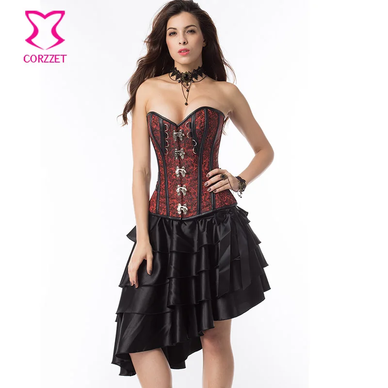 

Black & Red Victorian Corsets And Bustiers Sexy Gothic Dresses Women Steel Boned Steampunk Corset Skirt Dress Burlesque Costumes