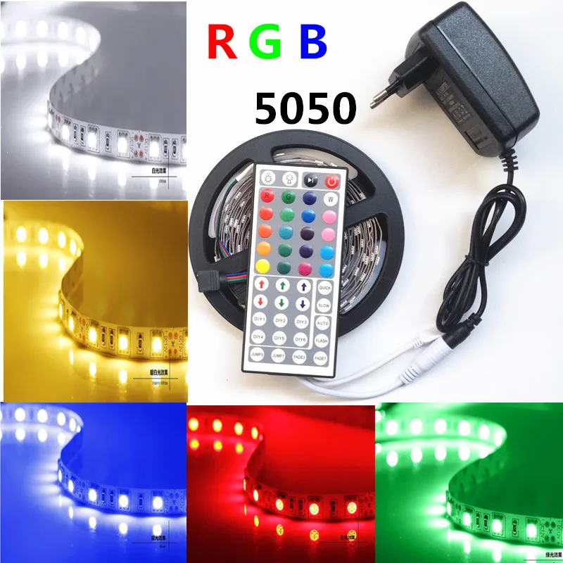5m10M 5050 LED Strip RGB 30LEDs/m IP20 Led Diode Tape RGB 5050 SMD +44 keys IR Remote+12V Power Adapter
5m10M 5050 LED Strip RGB 30LEDs/m IP20 Led Diode Tape RGB 5050 SMD +44 keys IR Remote+12V Power Adapter